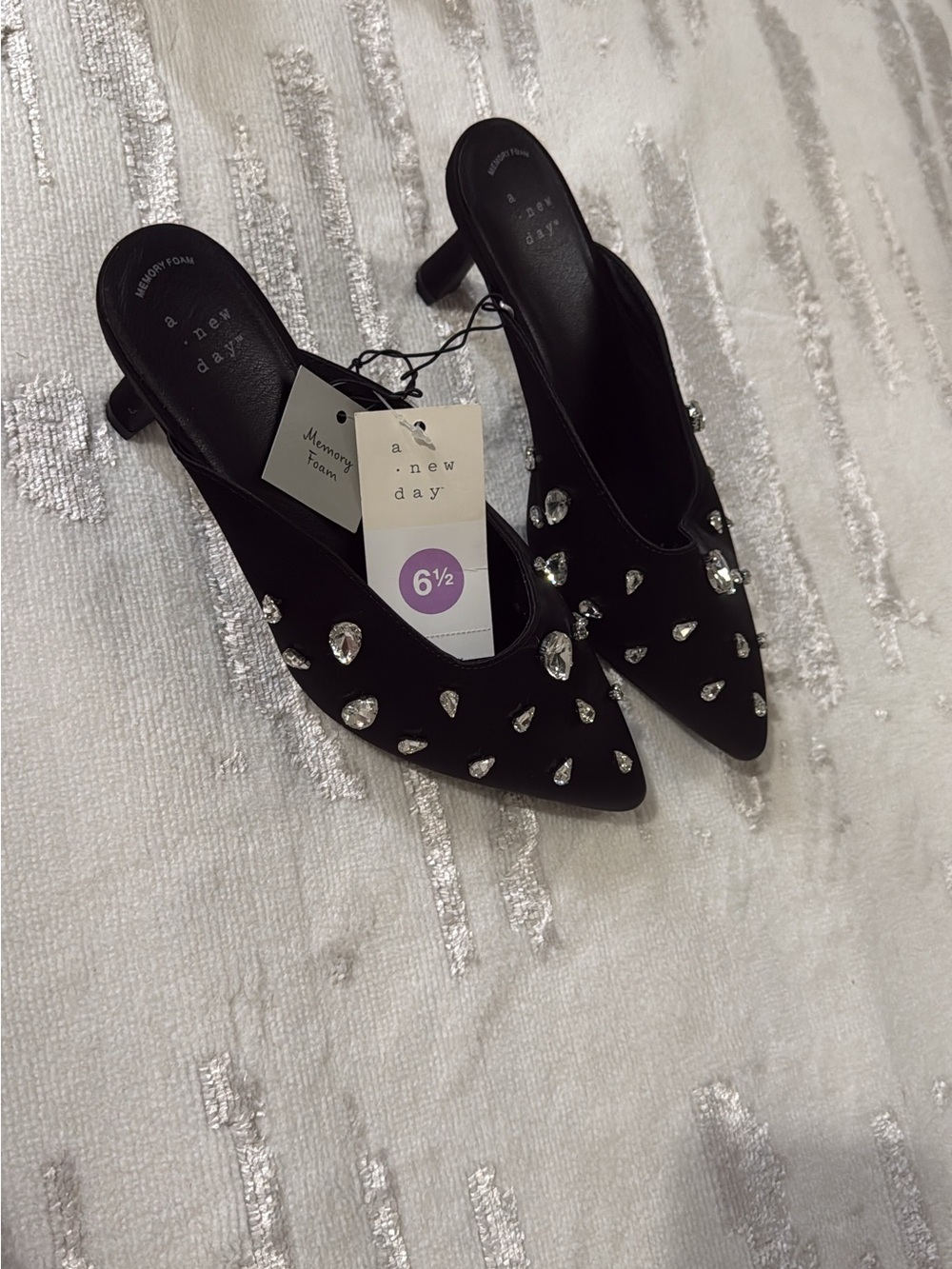 a new day Black Jeweled Pointed Toe Mule Heels